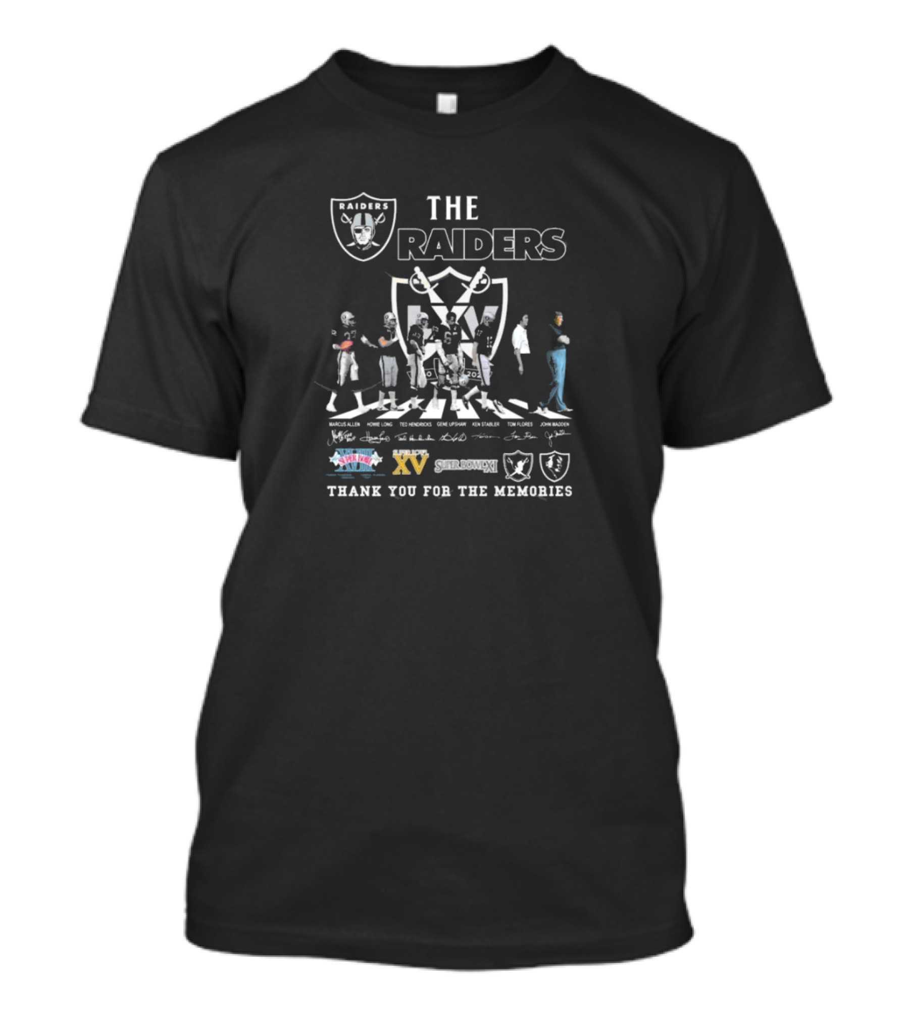 The Raiders Thank You For The Memories Signatures Raiders Shield Super Bowl XV T-Shirt
