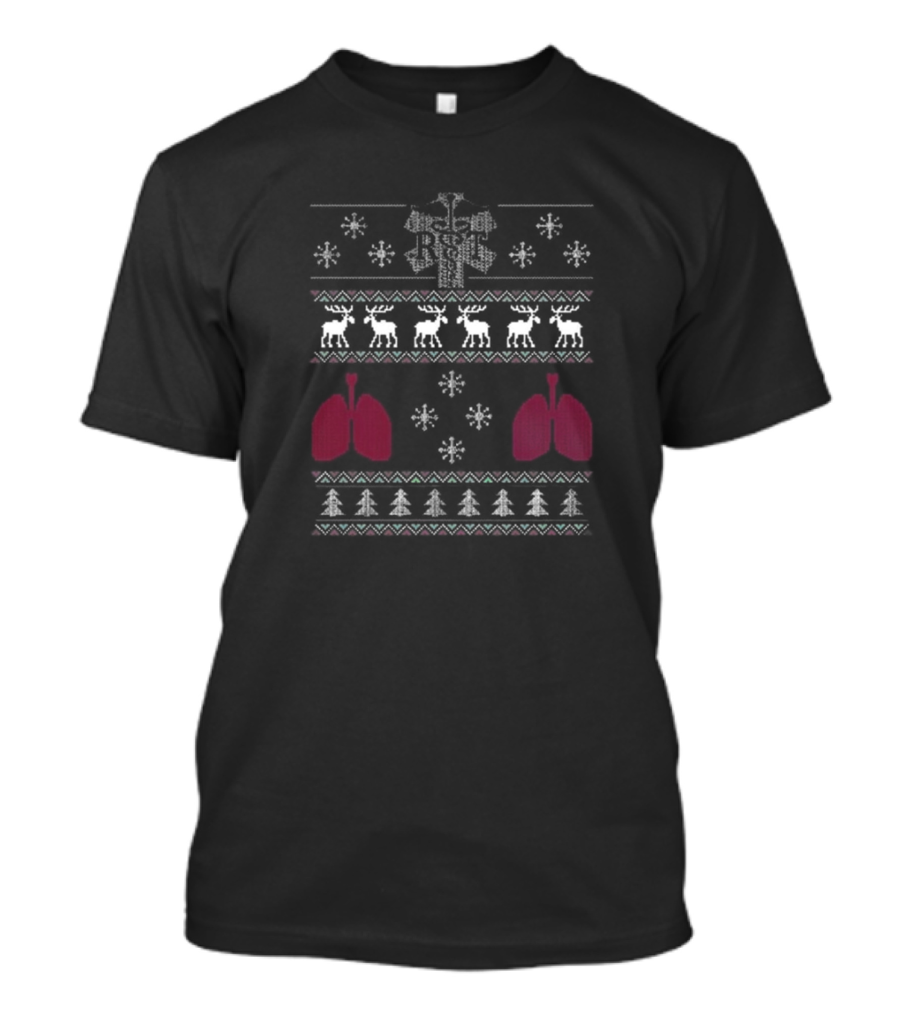 Christmas Xmas Respiratory Therapist Rt 2024 Snowflakes Reindeer Lungs Trees T-Shirt