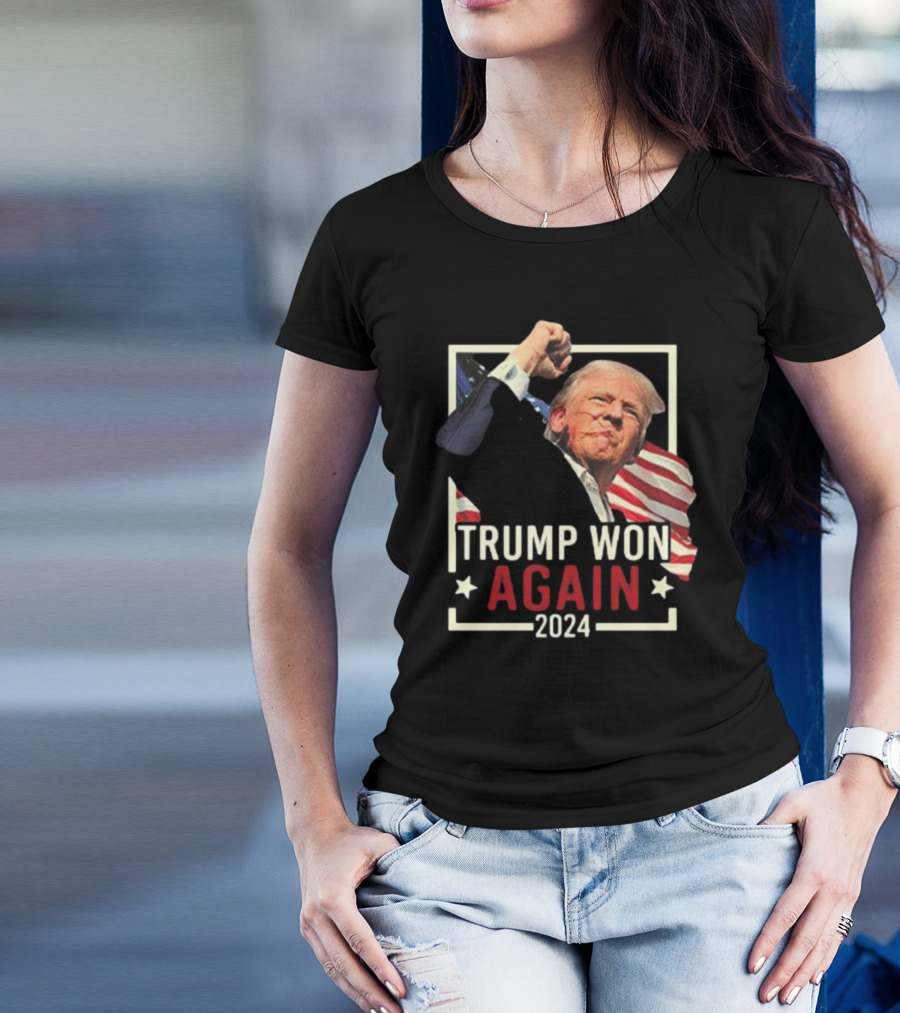 Trump Won Again 2024 Fight Vintage Style Fist Raised USA Flag T-Shirt