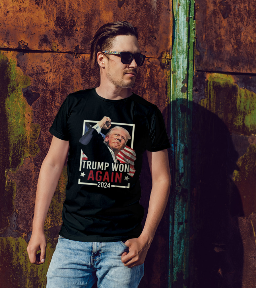 Trump Won Again 2024 Fight Vintage Style Fist Raised USA Flag T-Shirt