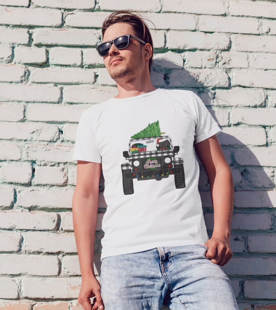 Merry Christmas Black Buffalo Plaid Jeep With Cartoon Labradoodle And Tree T-Shirt
