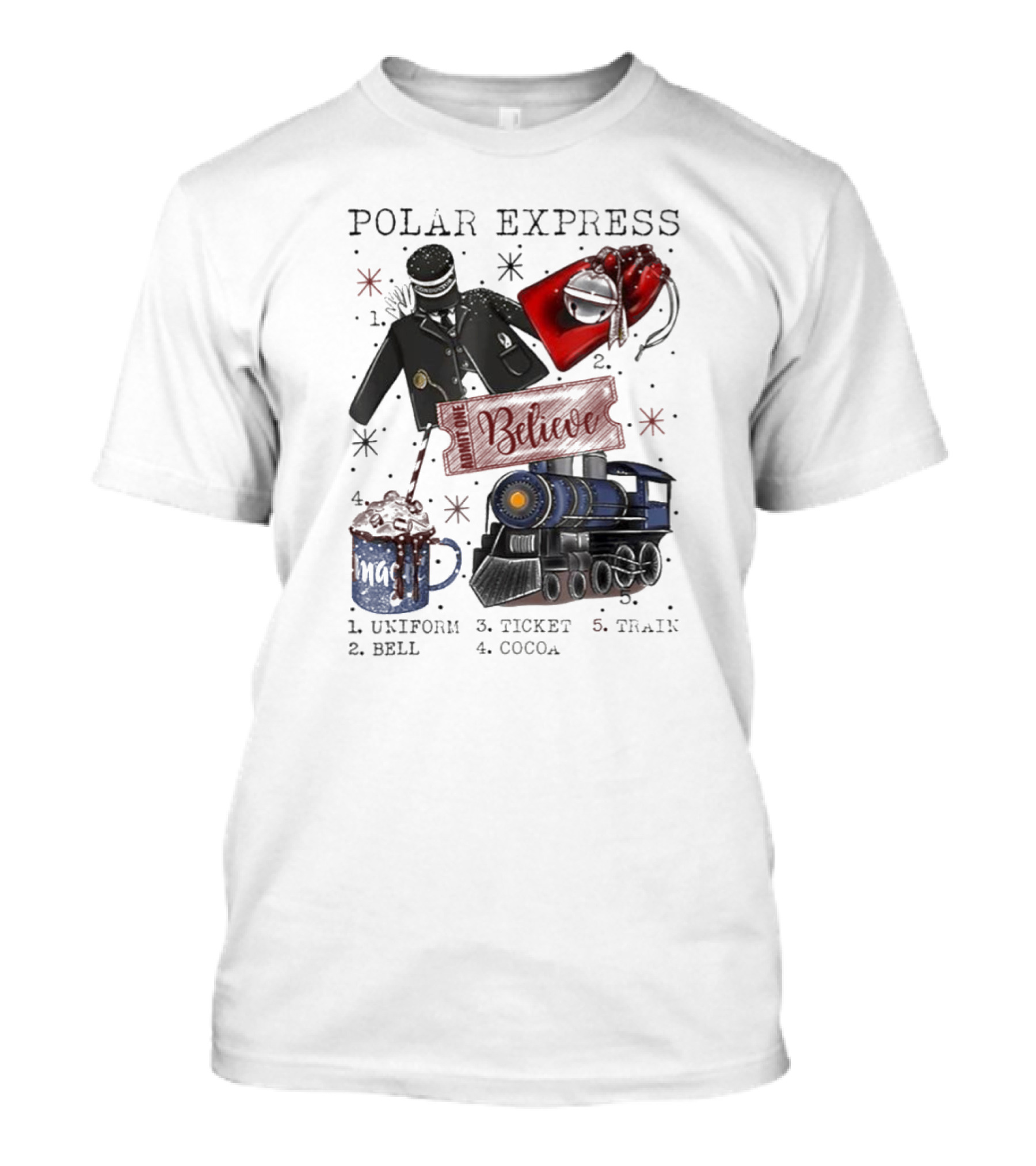 Polar Express Believe Christmas 2024 All Aboard With Uniform Bell Ticket Cocoa Train T-Shirt