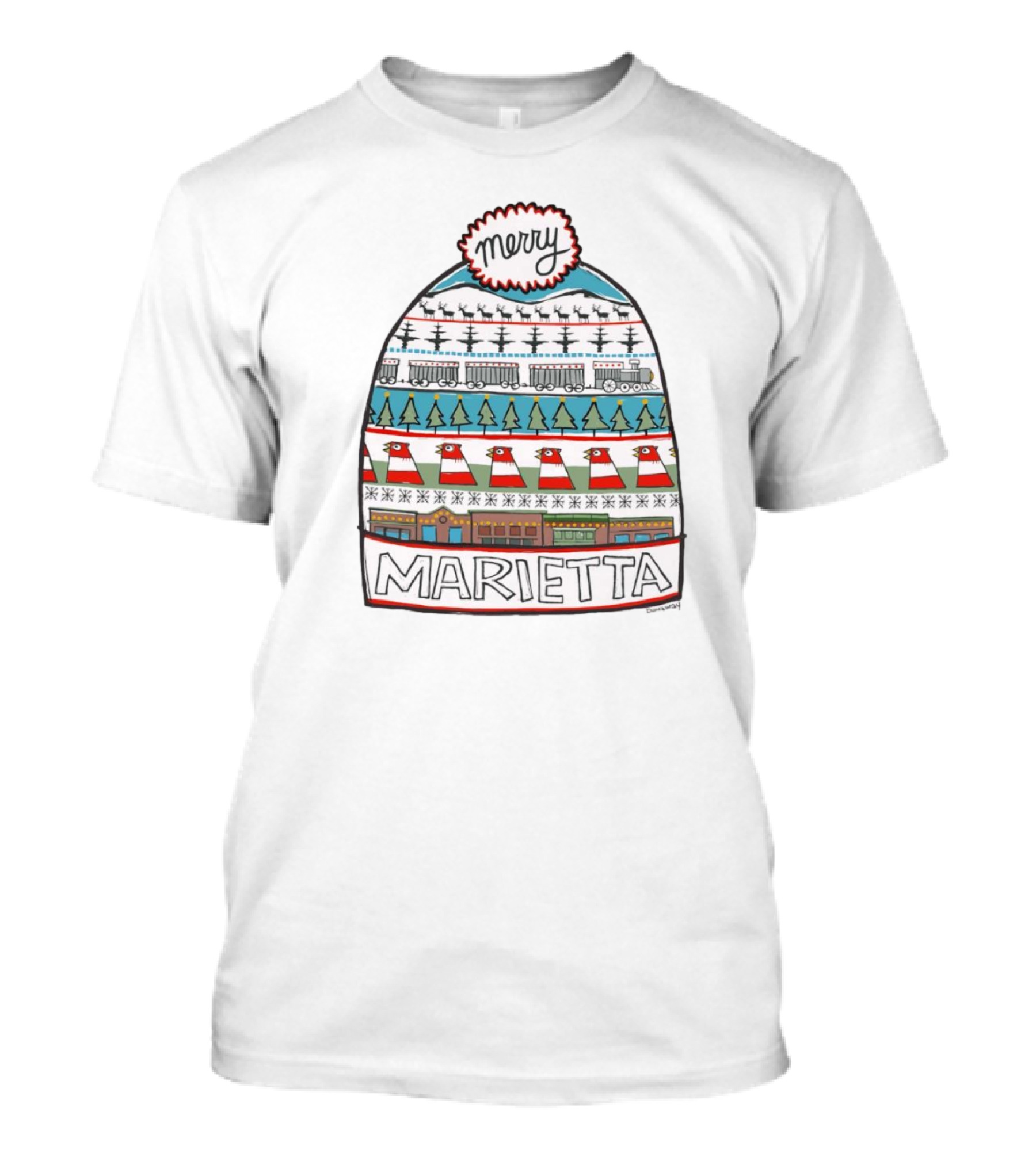 Merry Marietta Merry Christmas 2024 Claire Dunaway Paint Train Trees T-Shirt