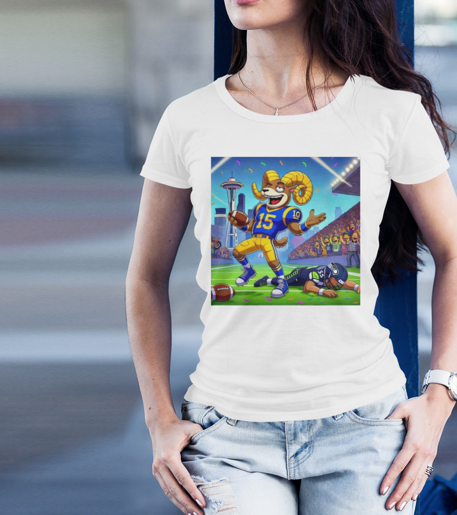 Los Angeles Rams Mascot Victorious Over Seattle Seahawks In Football Battle T-Shirt