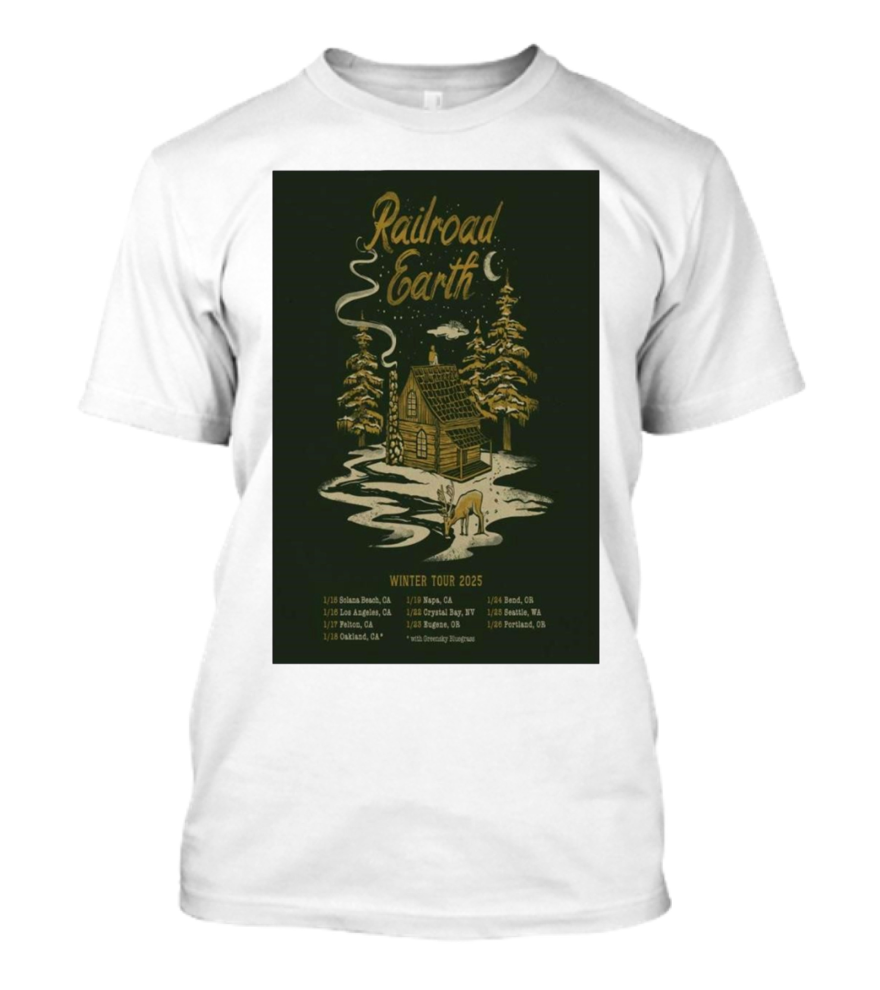 Railroad Earth Winter Tour 2025 Solana Beach Los Angeles Riverside Petaluma Oakland Englewood Crystal Bay Aspen Royal Oak St. Louis Beach Bellingham Portland T-Shirt