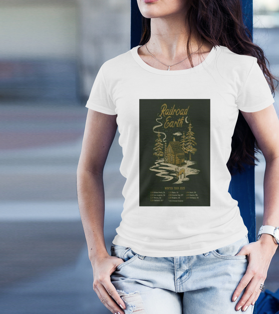 Railroad Earth Winter Tour 2025 Solana Beach Los Angeles Riverside Petaluma Oakland Englewood Crystal Bay Aspen Royal Oak St. Louis Beach Bellingham Portland T-Shirt