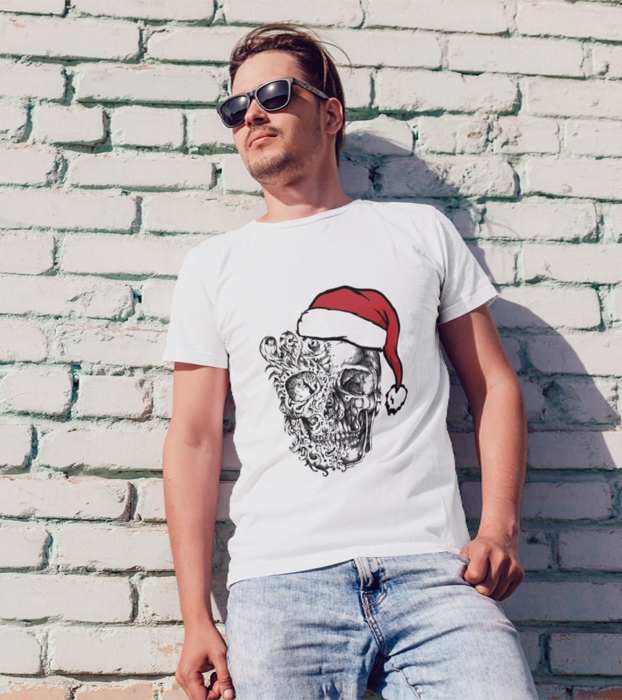 Skulls And Bodies Christmas With Santa Hat Humor T-Shirt