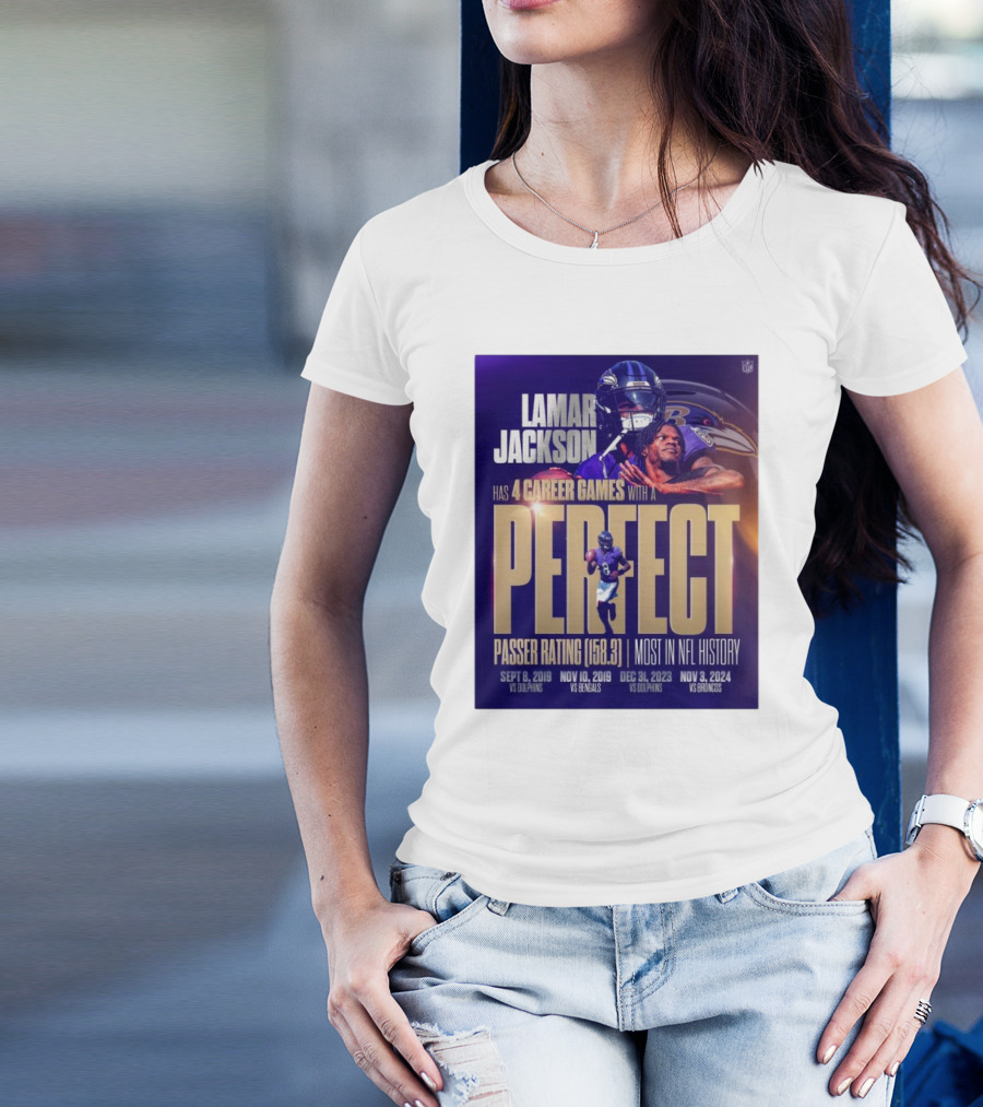 Lamar Jackson Baltimore Ravens Perfect Passer Rating Most In NFL History 4 Career Games Vs Dolphins Bengals Broncos T-Shirt