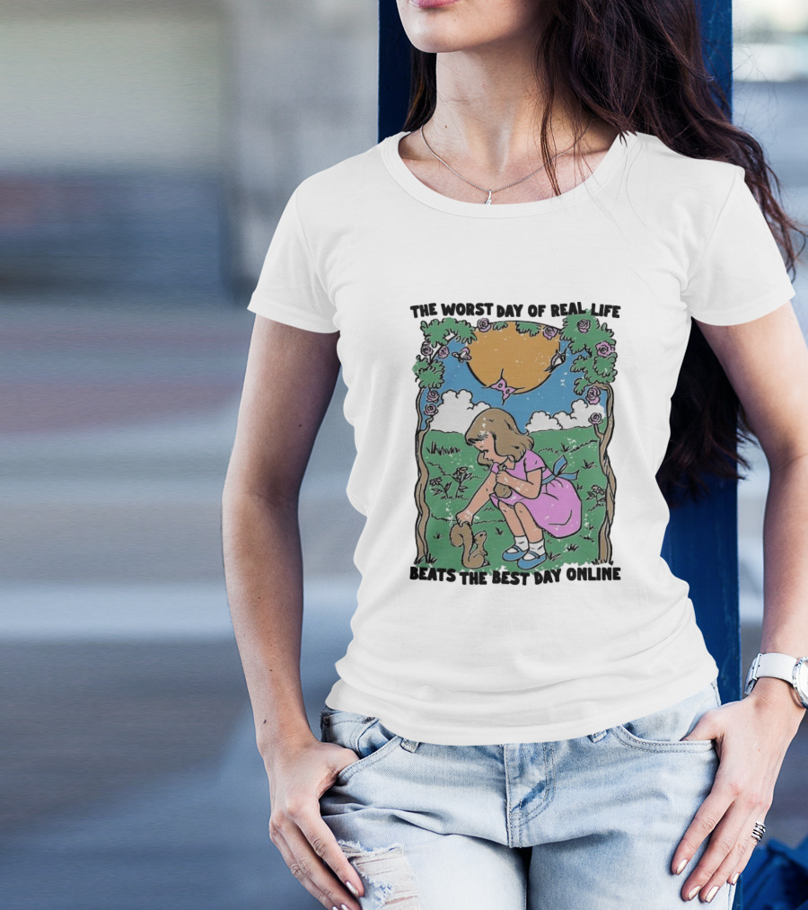 The Worst Day Of Real Life Beats The Best Day Online Vintage Illustration With Girl And Puppy T-Shirt