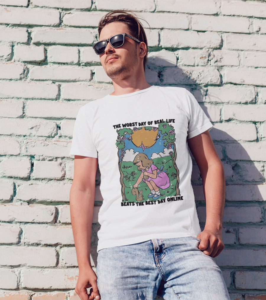 The Worst Day Of Real Life Beats The Best Day Online Vintage Illustration With Girl And Puppy T-Shirt