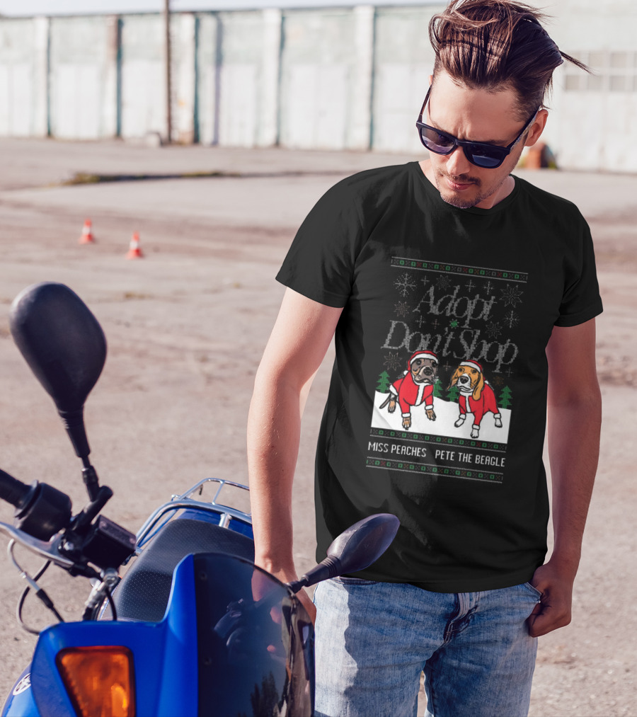Adopt Don’t Shop Ugly Sweater Miss Peaches And Pete The Beagle Christmas T-Shirt