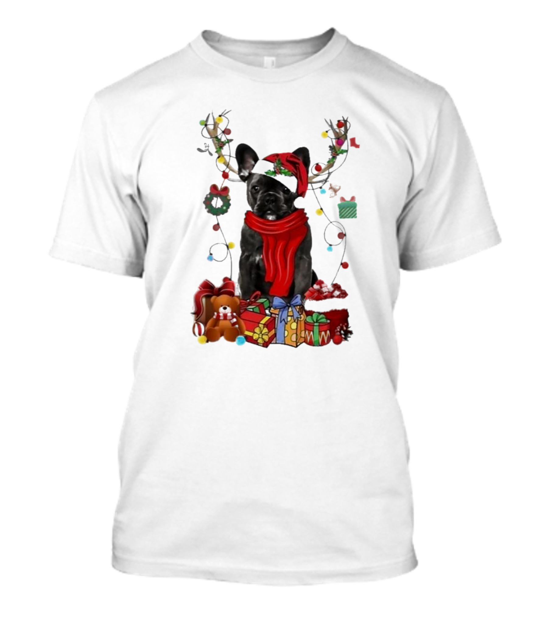 French Bulldog With Santa Hat Reindeer Antlers Xmas Lights And Gifts Merry Christmas T-Shirt