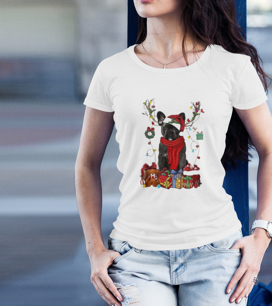 French Bulldog With Santa Hat Reindeer Antlers Xmas Lights And Gifts Merry Christmas T-Shirt