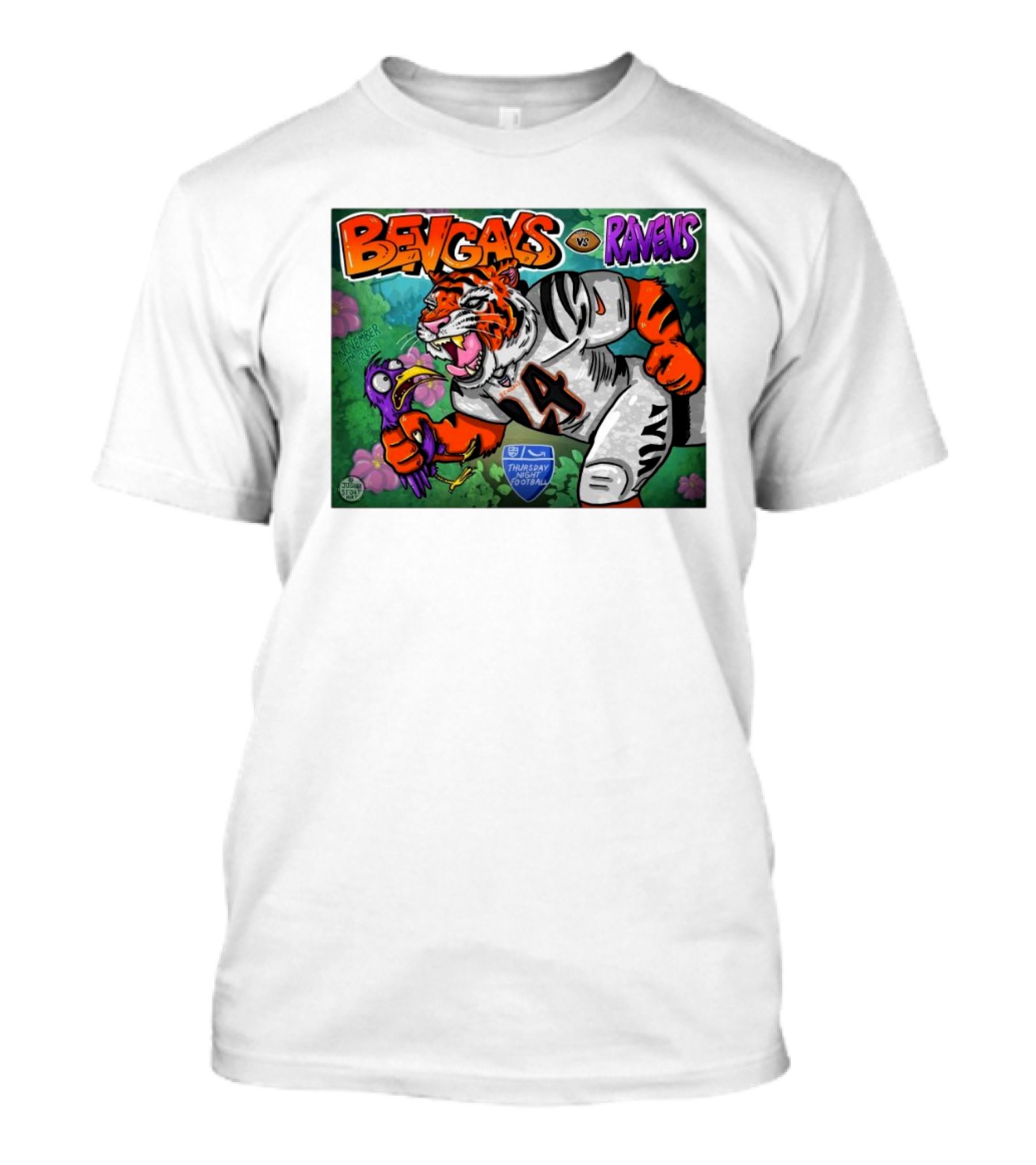 Bengals Vs Ravens Thursday Night Football Nov 7th 2024 Mascot Tiger And Bird Confrontation T-Shirt