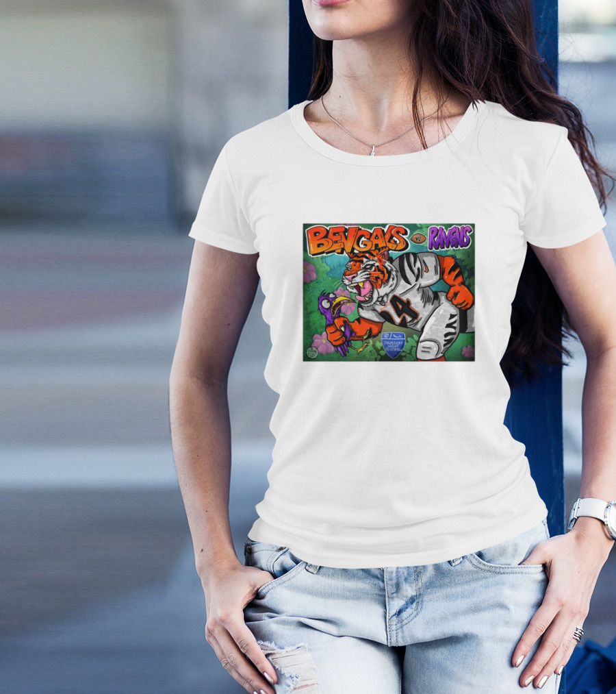 Bengals Vs Ravens Thursday Night Football Nov 7th 2024 Mascot Tiger And Bird Confrontation T-Shirt