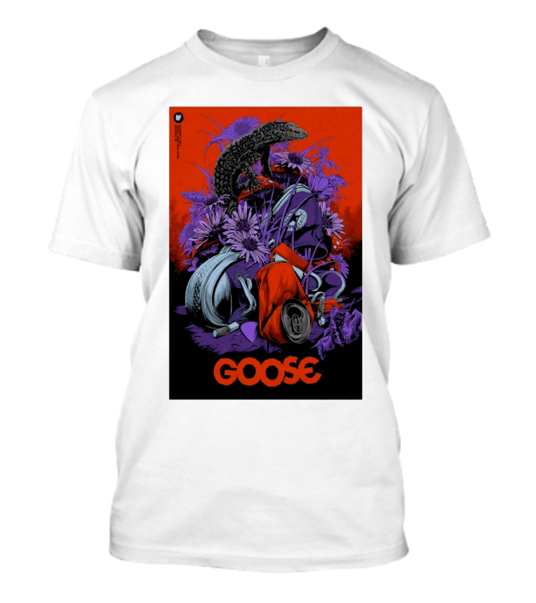 Goose Nov 8 2024 Cincinnati OH Tour Lizard On Purple Flowers T-Shirt