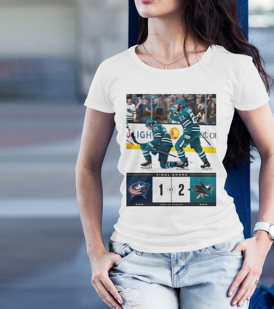 NHL Final Score Columbus Blue Jackets 1 San Jose Sharks 2 OT 2024-25 Season T-Shirt