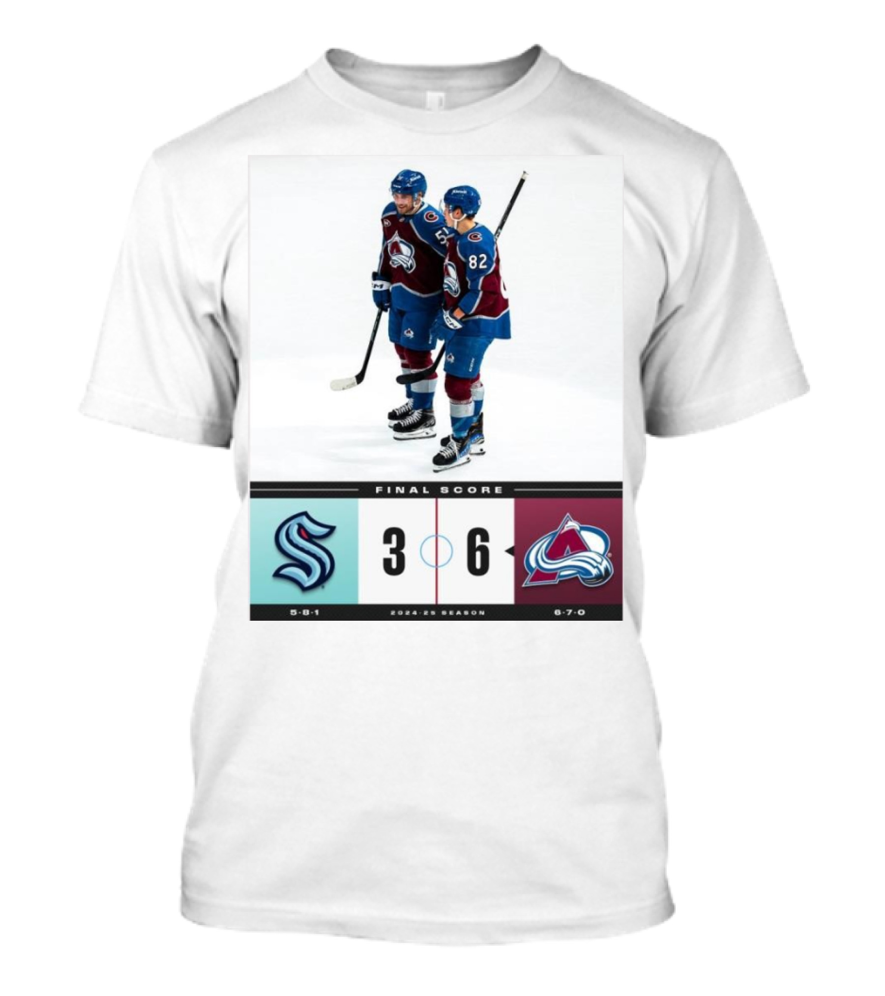 Seattle Kraken 3 Vs Colorado Avalanche 6 Final Score 2024-25 Season T-Shirt