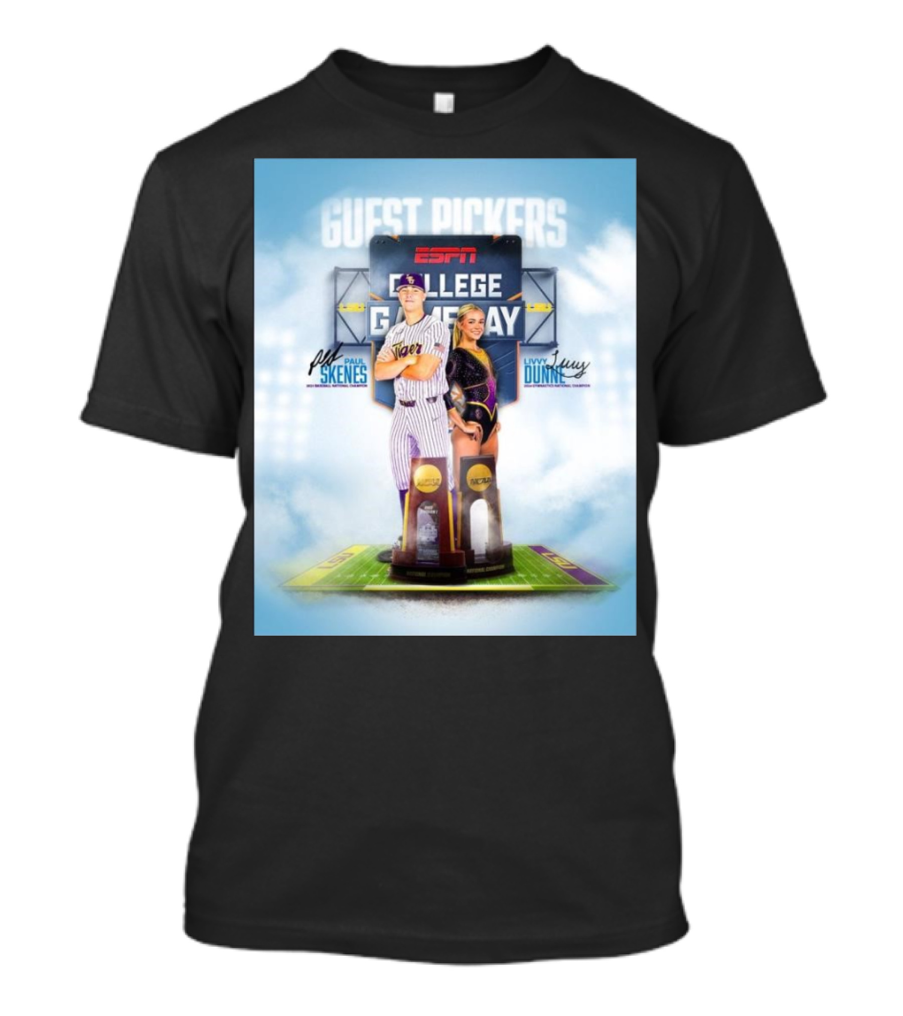 ESPN College Gameday Guest Pickers LSU Tigers Football National Champions Paul Skenes Livvy Dunne Signatures T-Shirt