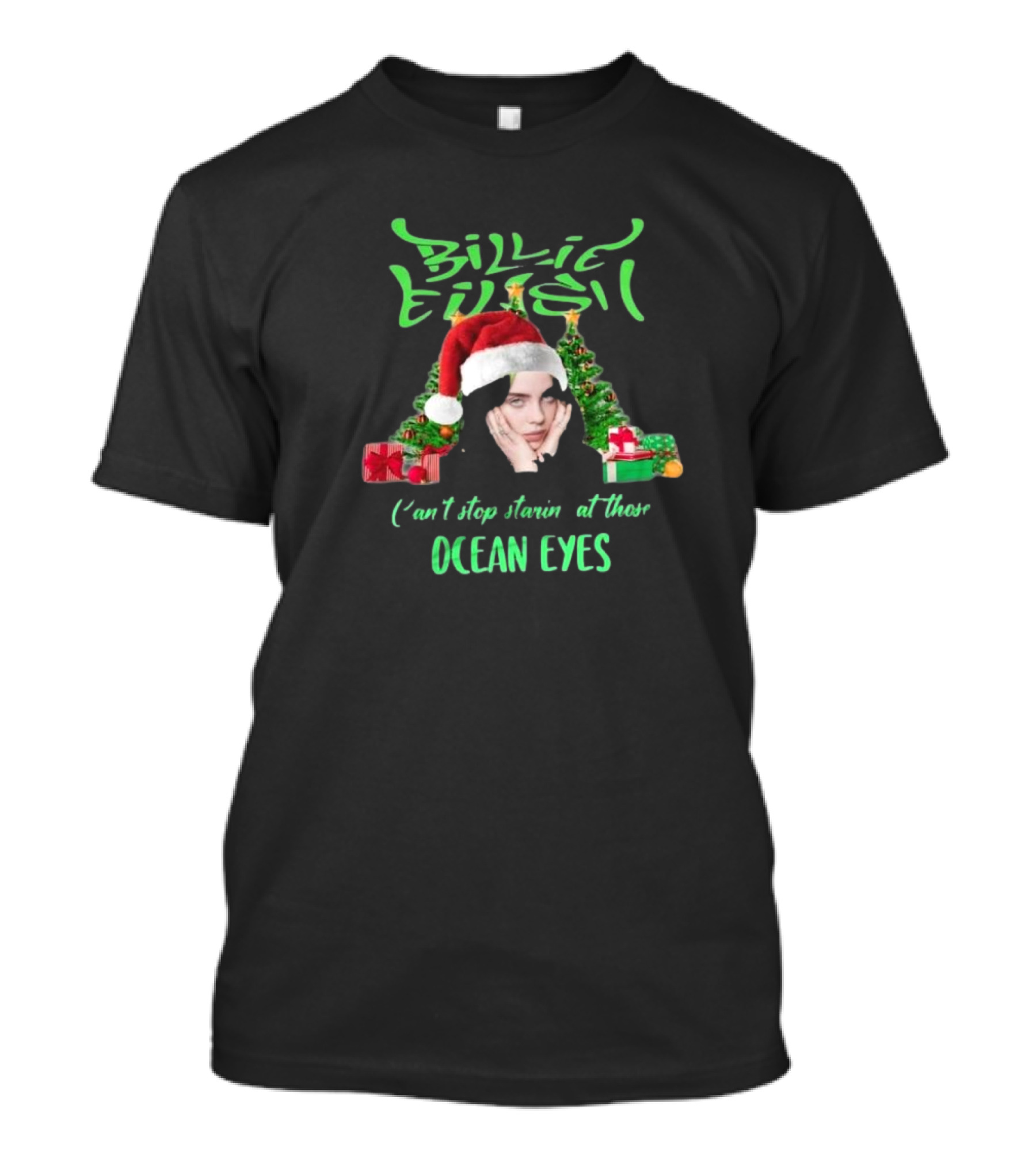 Billie Eilish Can't Stop Starin' At Those Ocean Eyes Christmas 2024 Santa Hat And Christmas Trees T-Shirt