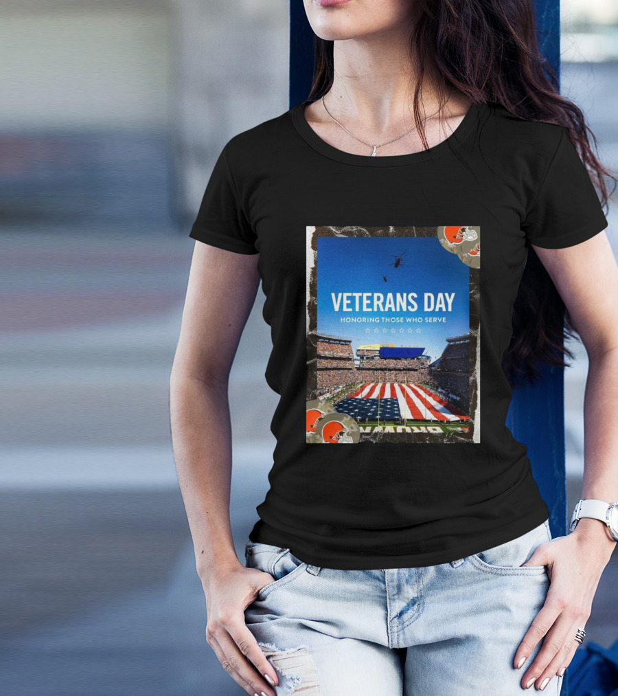 Cleveland Browns Veterans Day Honoring Those Who Serve Stadium Flyover American Flag T-Shirt