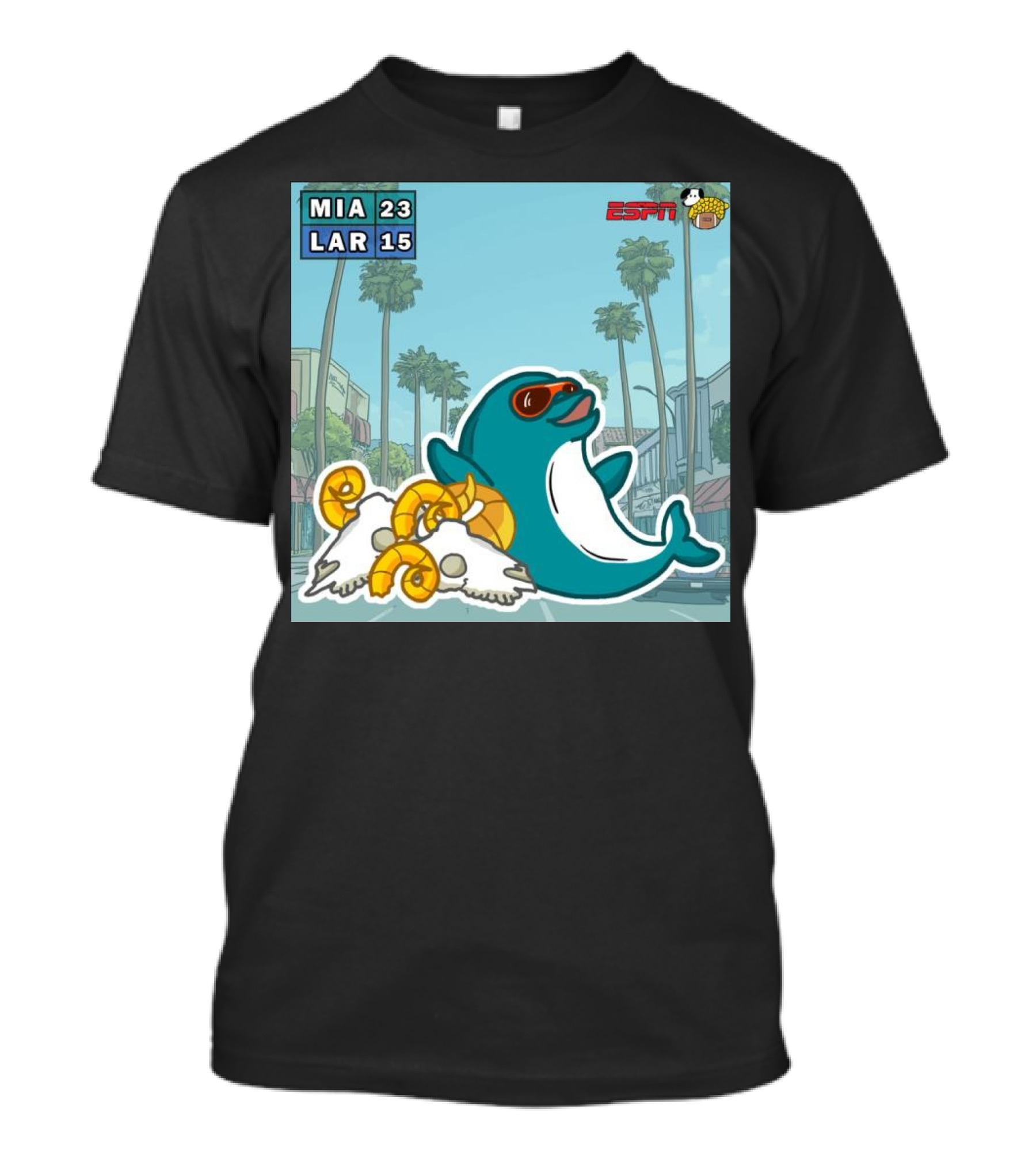 MIA 23 LAR 15 Victory Dolphin Cartoon ESPN Doodle T-Shirt