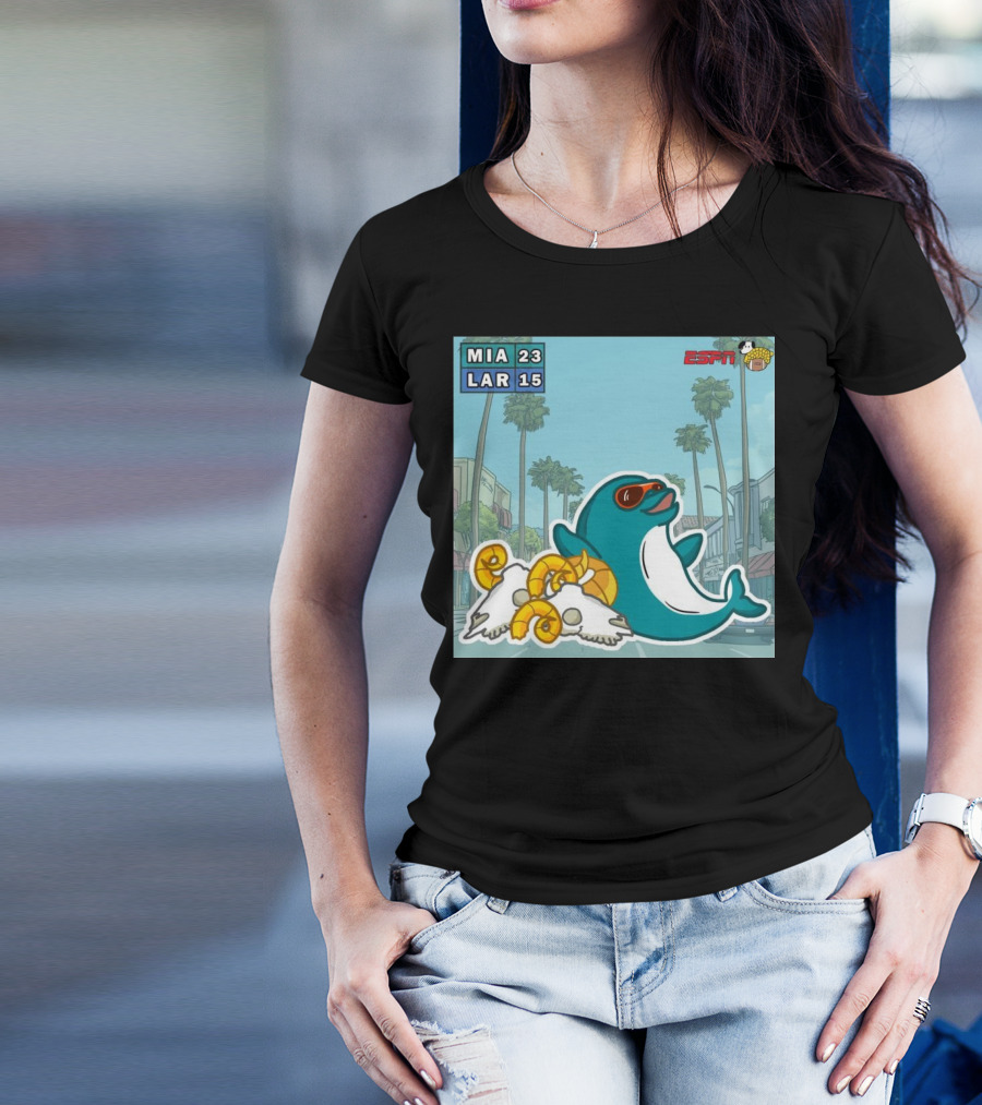 MIA 23 LAR 15 Victory Dolphin Cartoon ESPN Doodle T-Shirt