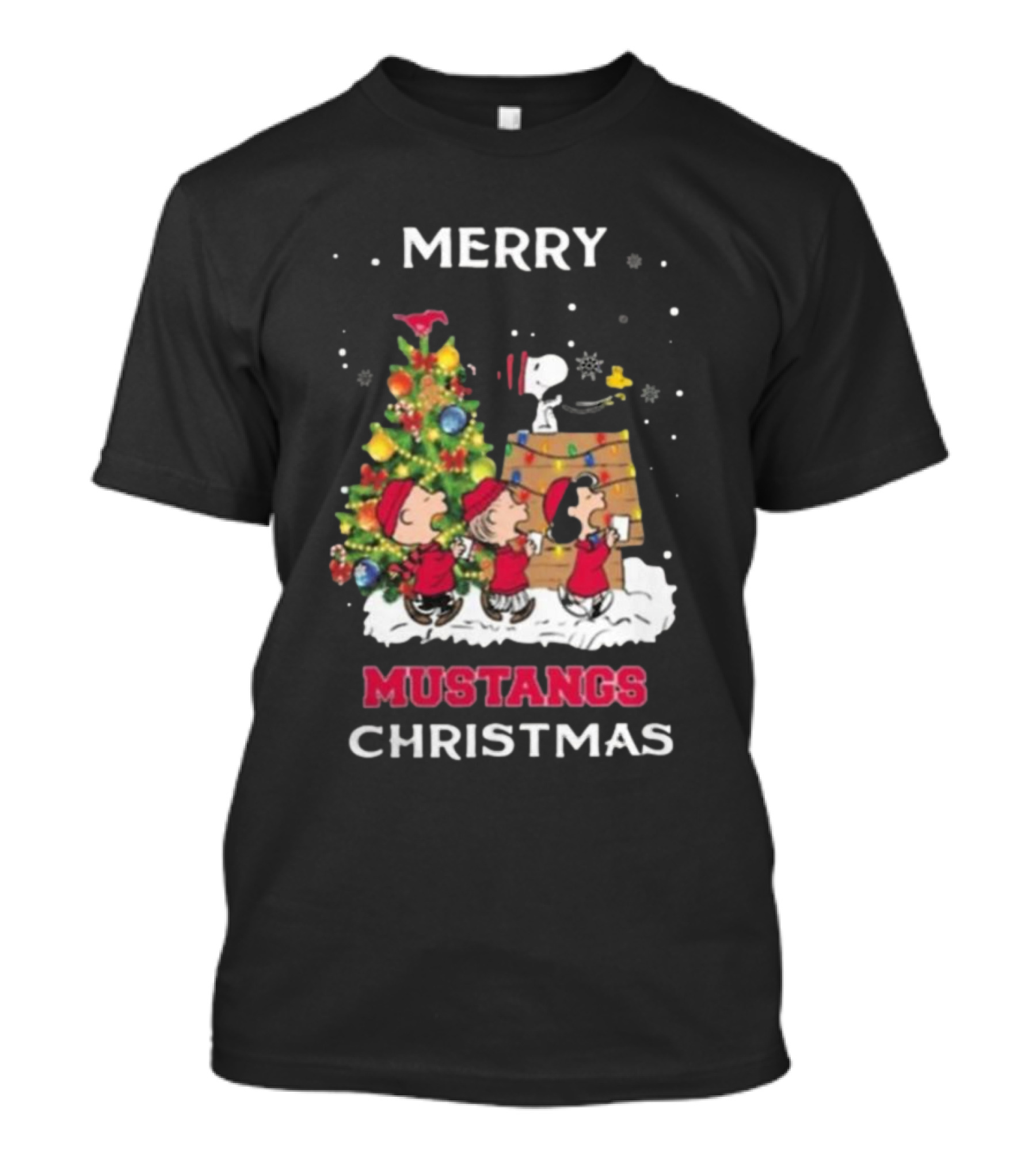 SMU Mustangs Snoopy Merry Christmas 2024 Charlie Brown Lucy Woodstock T-Shirt