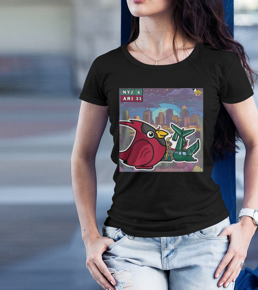 Arizona Cardinals Victory Over New York Jets 31-6 Week 10 NFL Game Comic Art Skyline Cactus Scene T-Shirt