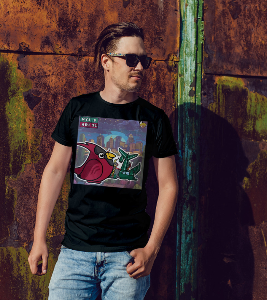 Arizona Cardinals Victory Over New York Jets 31-6 Week 10 NFL Game Comic Art Skyline Cactus Scene T-Shirt