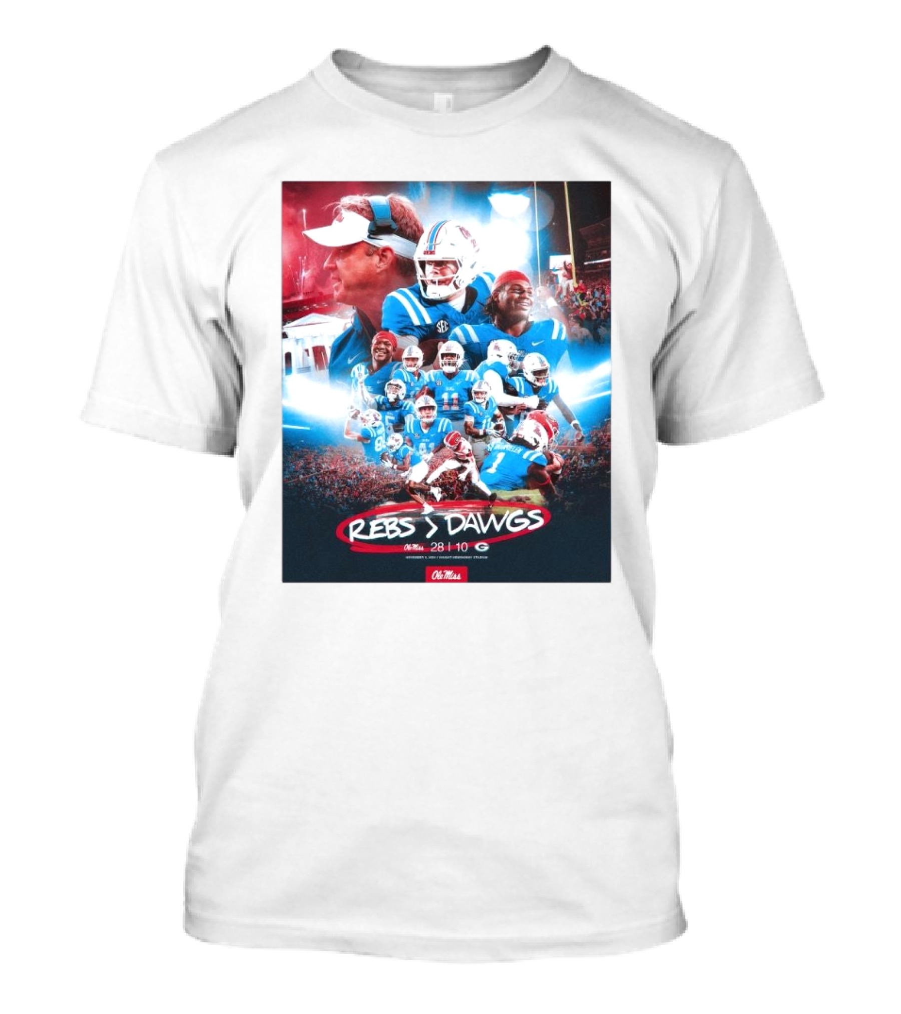 Rebs Vs Dawgs Ole Miss Victory Celebration 28-10 Featuring Lane Kiffin And Jaxson Dart T-Shirt
