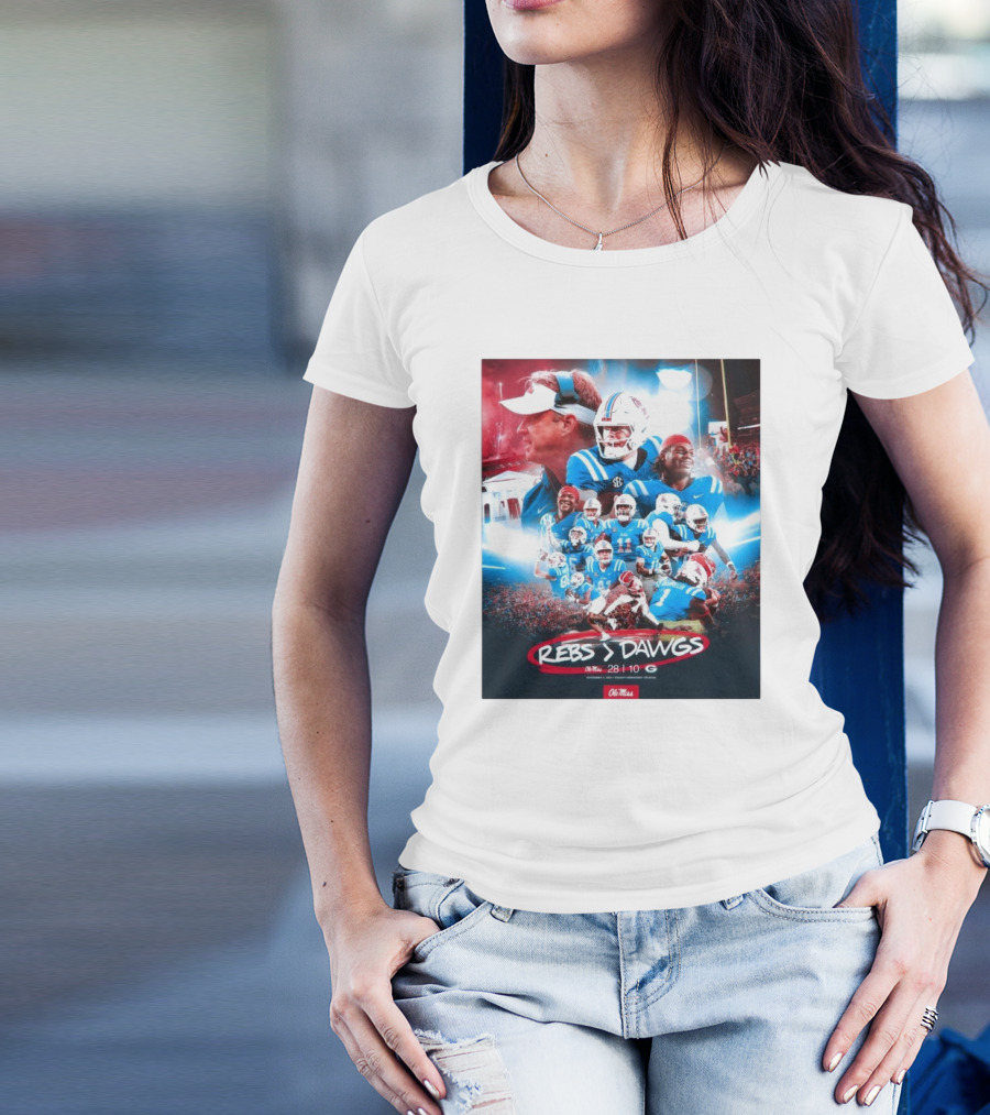 Rebs Vs Dawgs Ole Miss Victory Celebration 28-10 Featuring Lane Kiffin And Jaxson Dart T-Shirt