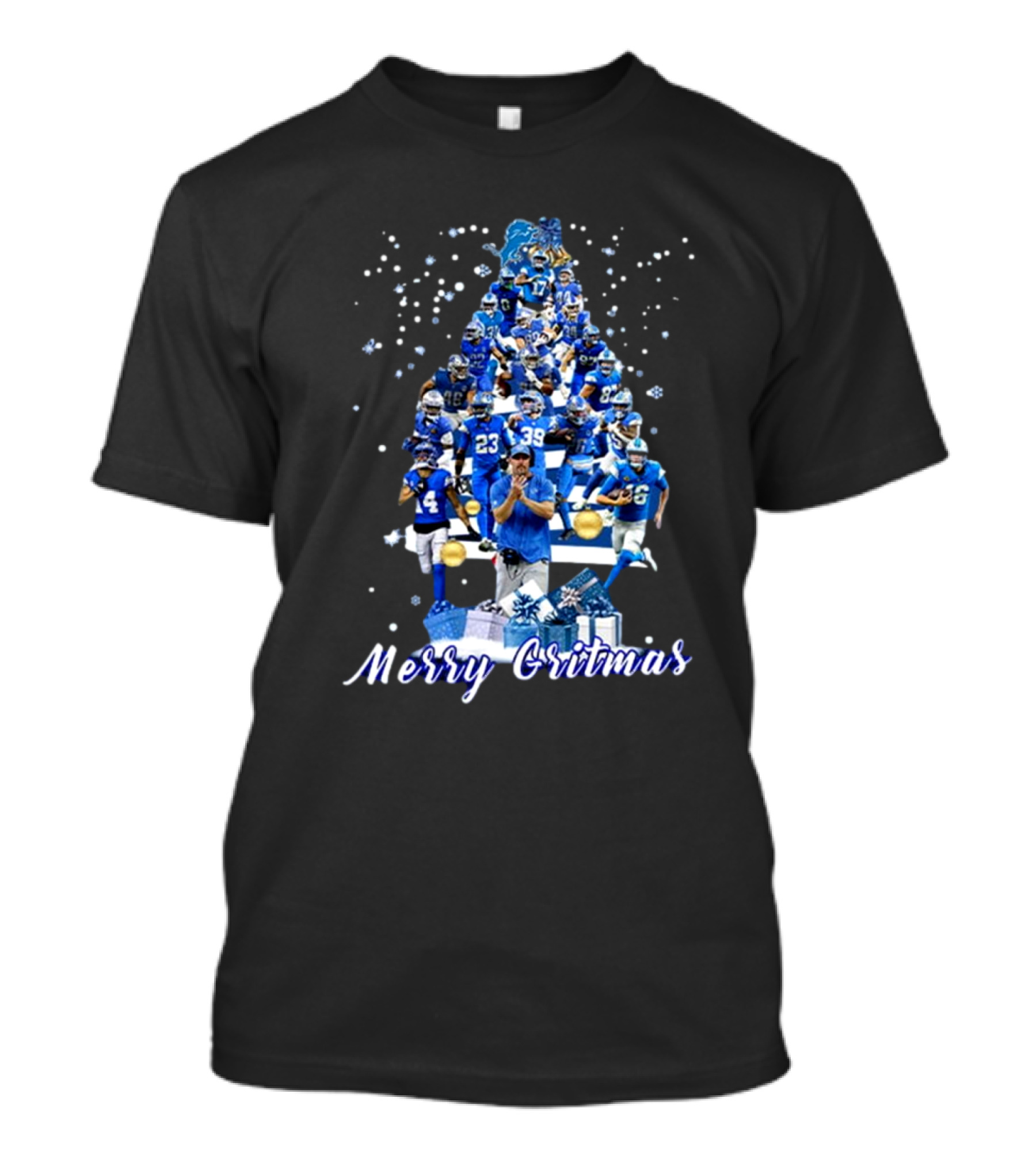 Detroit Lions Merry Gritmas NFL 2024 Christmas Tree Football Players T-Shirt
