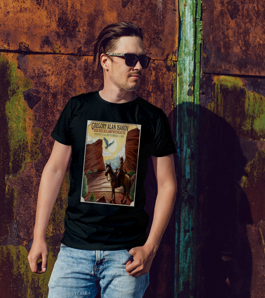 Gregory Alan Isakov Red Rocks Amphitheatre August 31 September 1 2025 Cowboy Scene With Eagle And Mountains T-Shirt