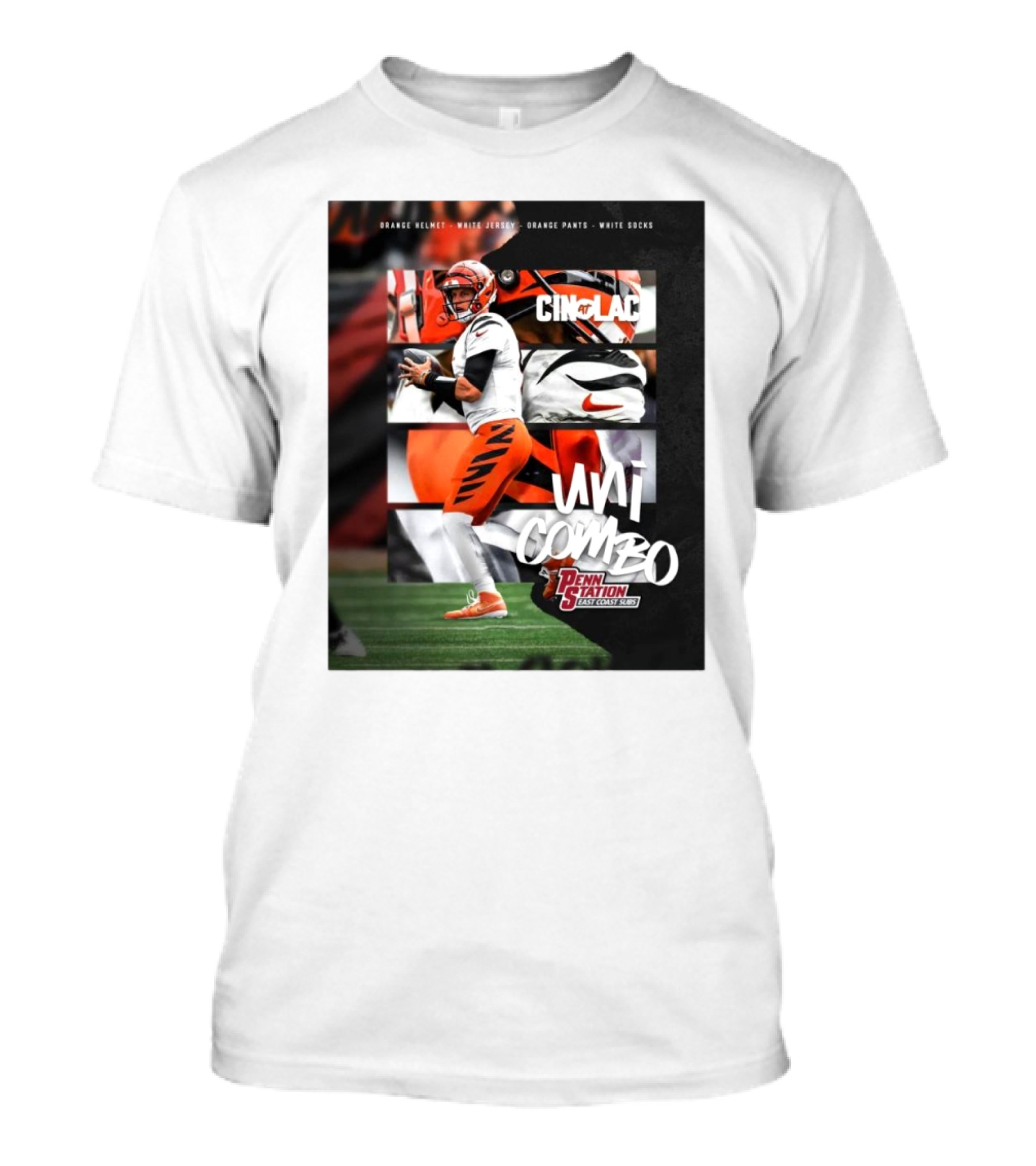 Cincinnati Bengals Vs. Los Angeles Chargers Uni Combo Penn Station East Coast Subs Orange Helmet Major Jersey Orange Pants White Socks T-Shirt