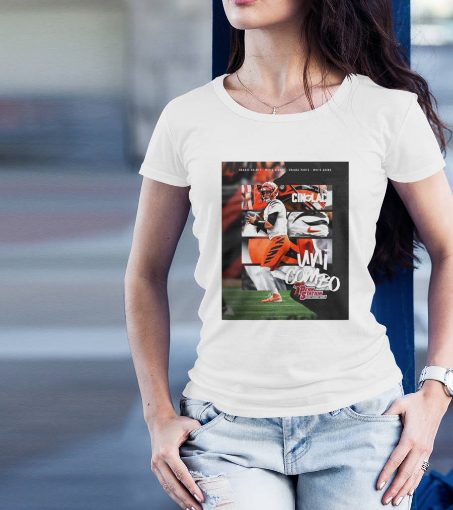 Cincinnati Bengals Vs. Los Angeles Chargers Uni Combo Penn Station East Coast Subs Orange Helmet Major Jersey Orange Pants White Socks T-Shirt