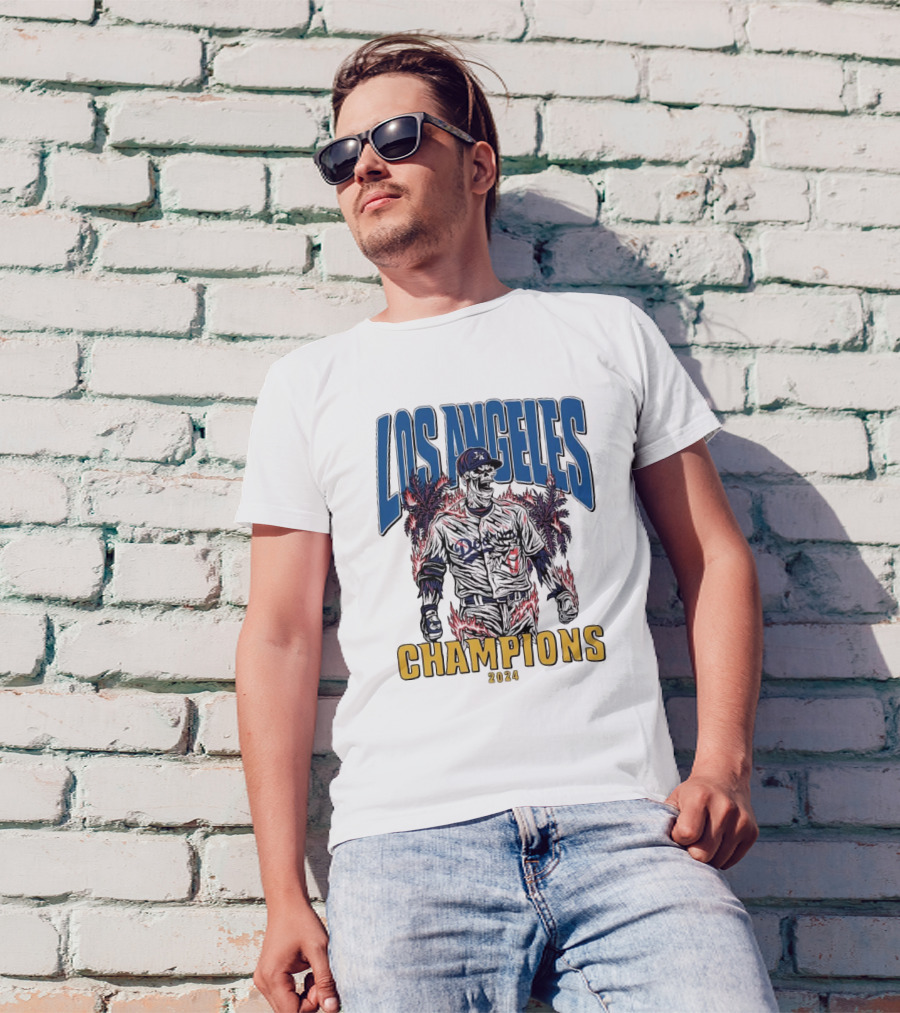 Los Angeles Dodgers Champions 2024 Skeleton Baseball T-Shirt