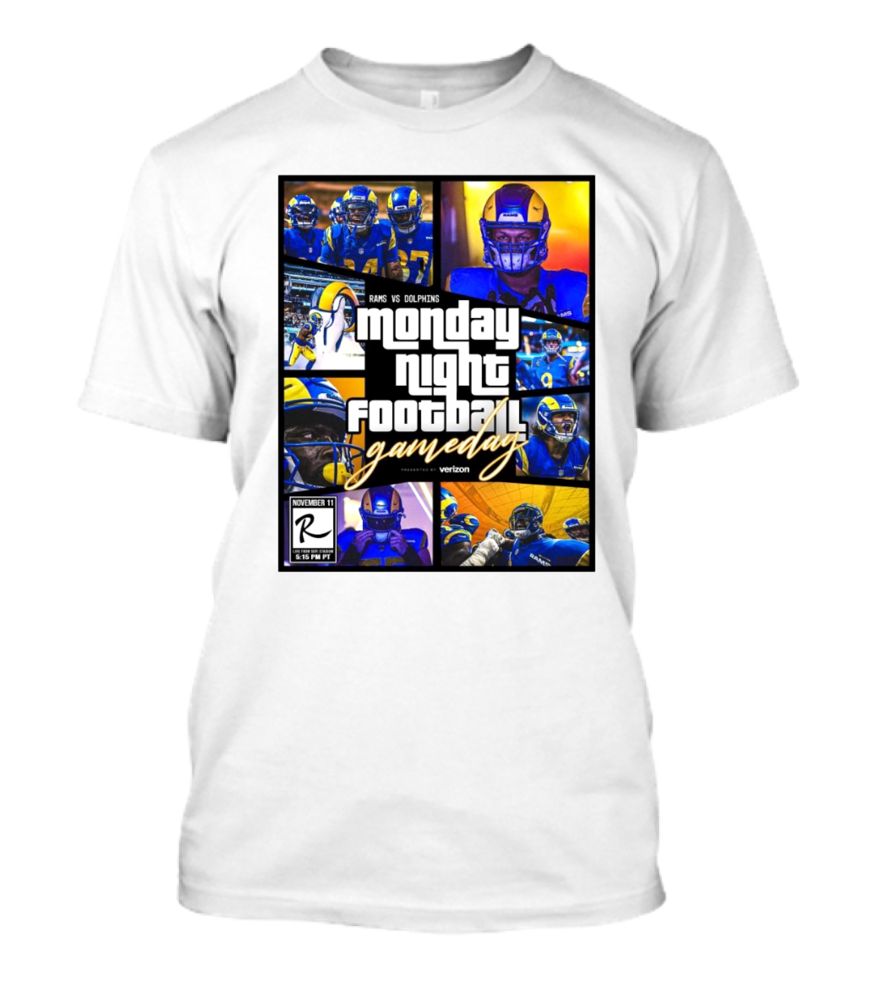 Rams Vs Dolphins Monday Night Football Gameday November 11 Verizon T-Shirt