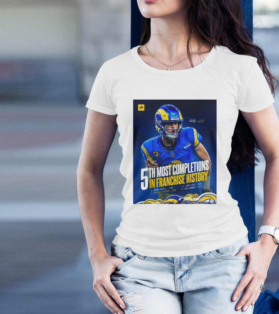 Matthew Stafford Rams 5th Most Completions In Franchise History Signature T-Shirt