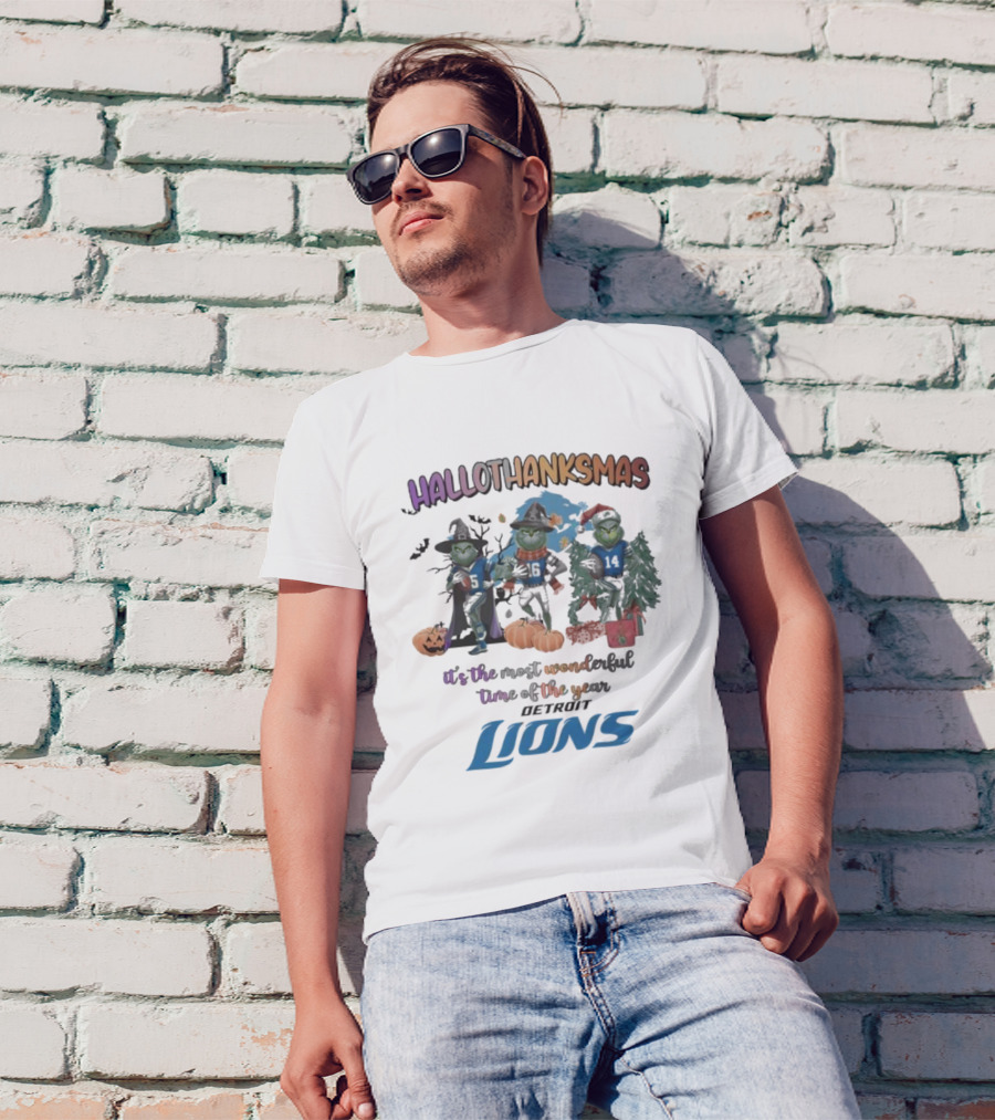 Detroit Lions Hallothanksmas Grinch It's The Most Wonderful Time Of The Year T-Shirt