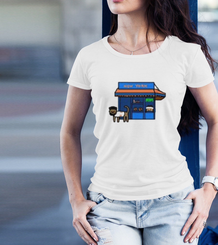 New York Bodega Kat With Blue Storefront And ATM T-Shirt