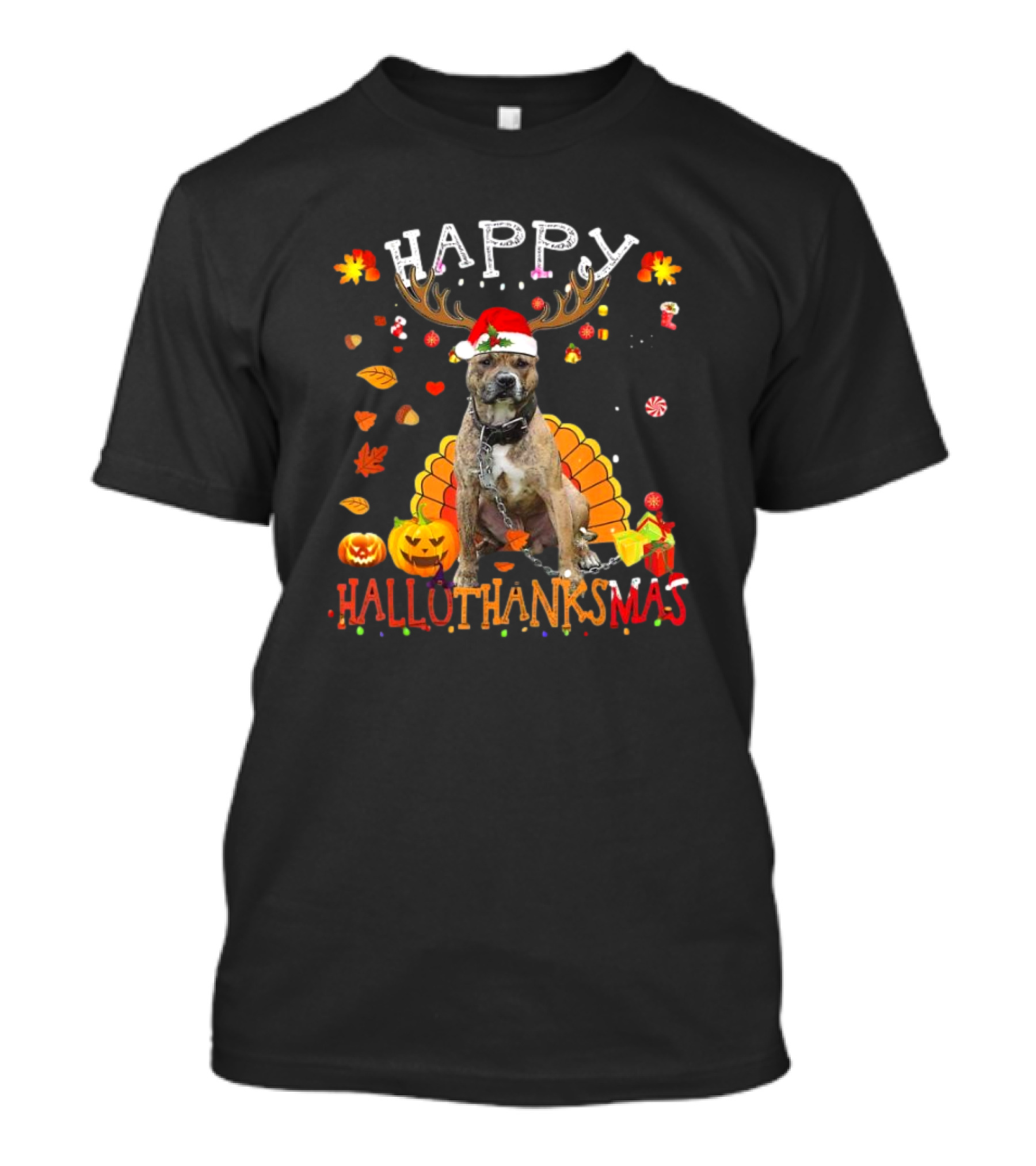 Happy Hallothanksmas Pitbull Dog Halloween Thanksgiving Christmas T-Shirt