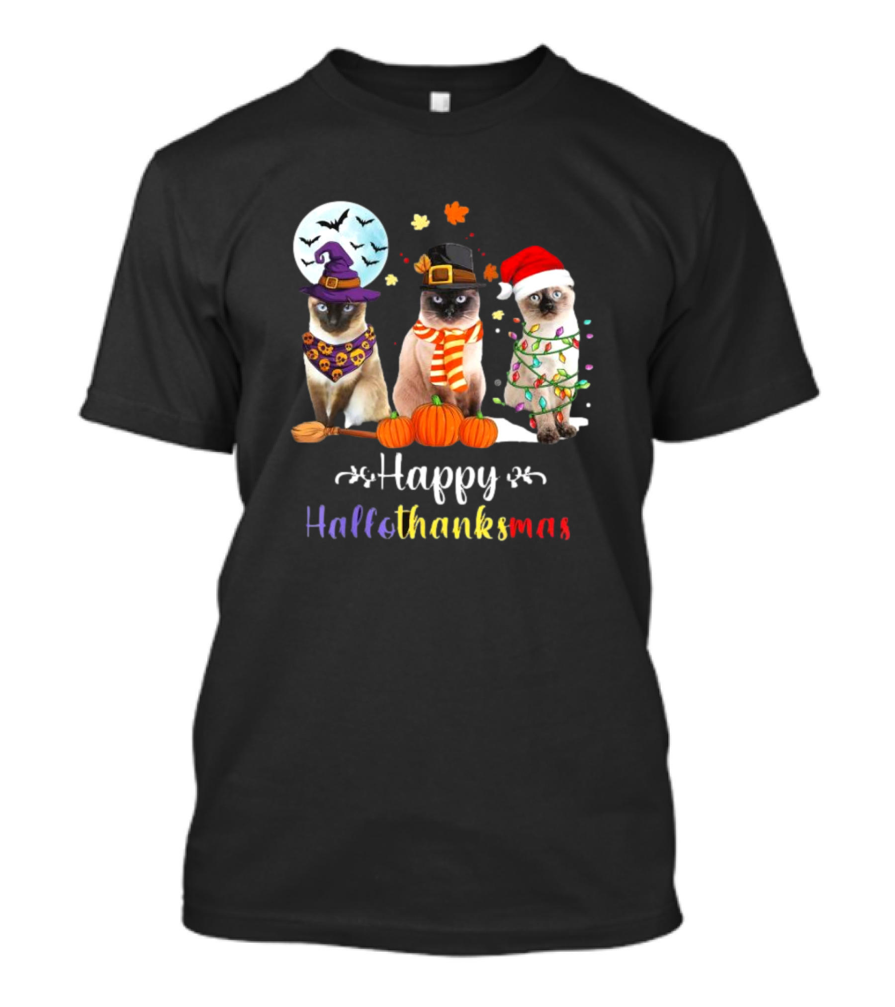 Happy Hallothanksmas Siamese Cat Halloween Christmas Kitten T-Shirt