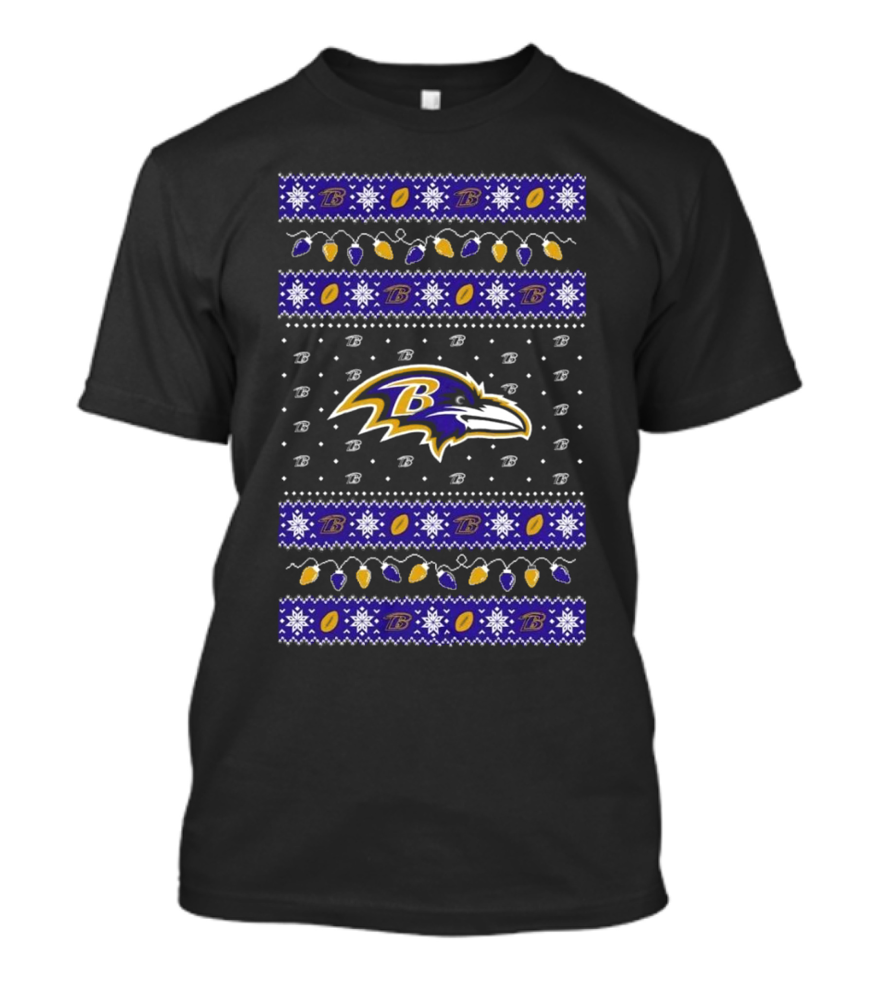 Baltimore Ravens Holiday Lights Ugly Sweater Christmas 2024 NFL Logo Snowflakes T-Shirt