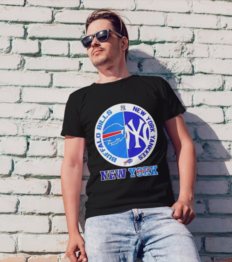 Buffalo Bills New York Yankees 2024 NY Iconic Crossover Circle Emblems T-Shirt