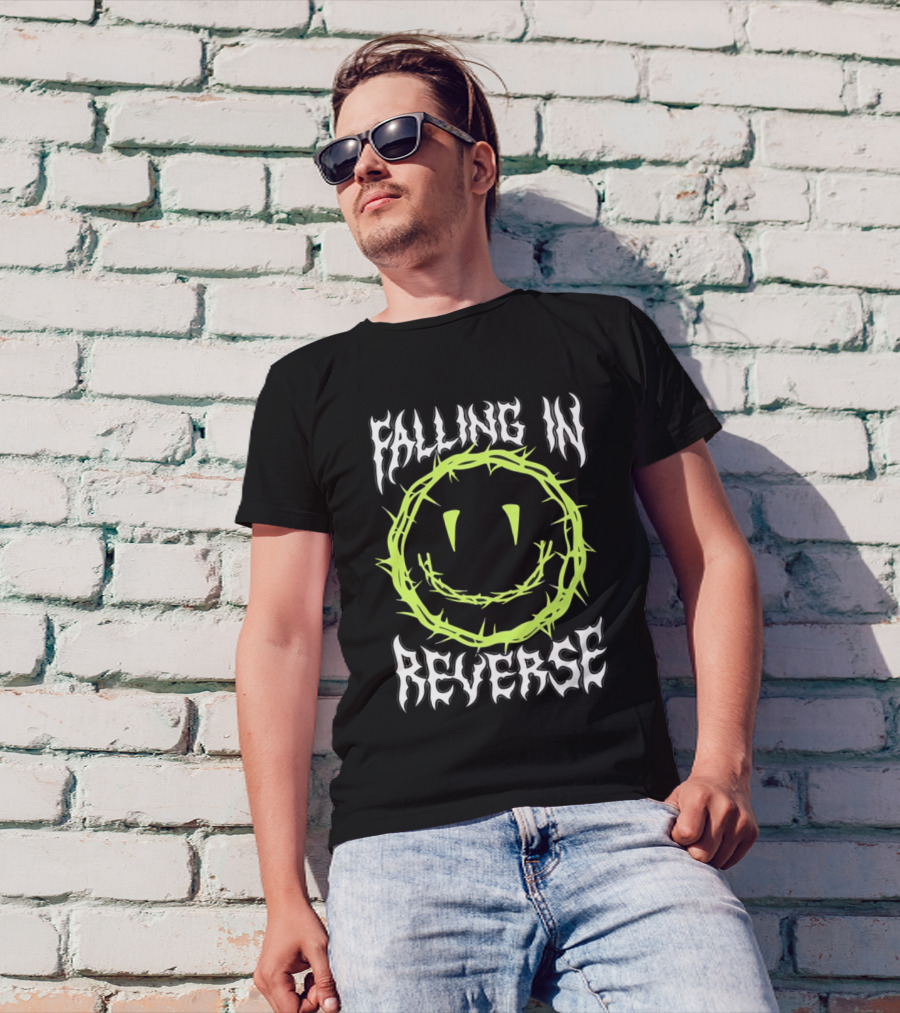 Falling In Reverse Smiley Face With Green Thorn Outline T-Shirt