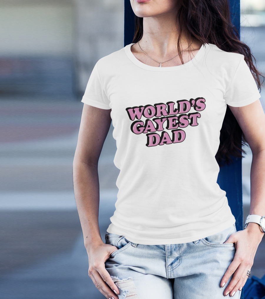 World’s Gayest Dad Bold Pink Letters With Black Outline T-Shirt