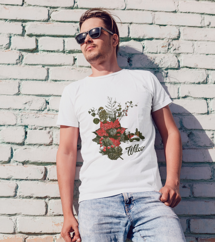 Wilco 2024 Holiday Poinsettia Scene With Skyline And Bird T-Shirt
