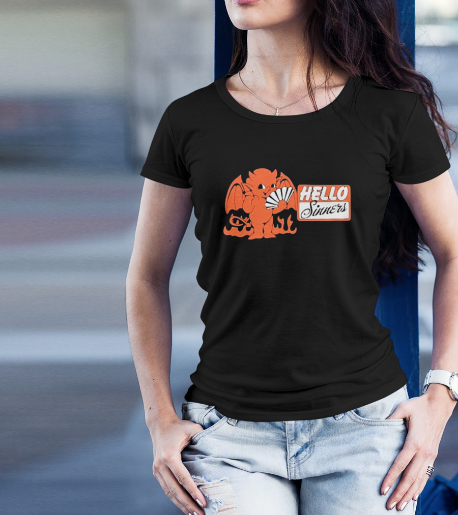 Annamarie Forcino Hello Sinners 2024 Orange Devil With Fan And Flames T-Shirt