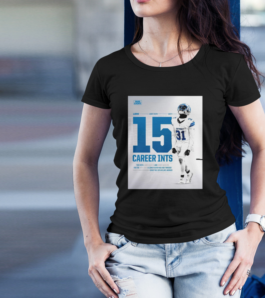 Detroit Lions Kerby Joseph 15 Career INTs Tied With James Hunter And Bobby Watkins Most INTs Since 1970 AFL-NFL Merger T-Shirt